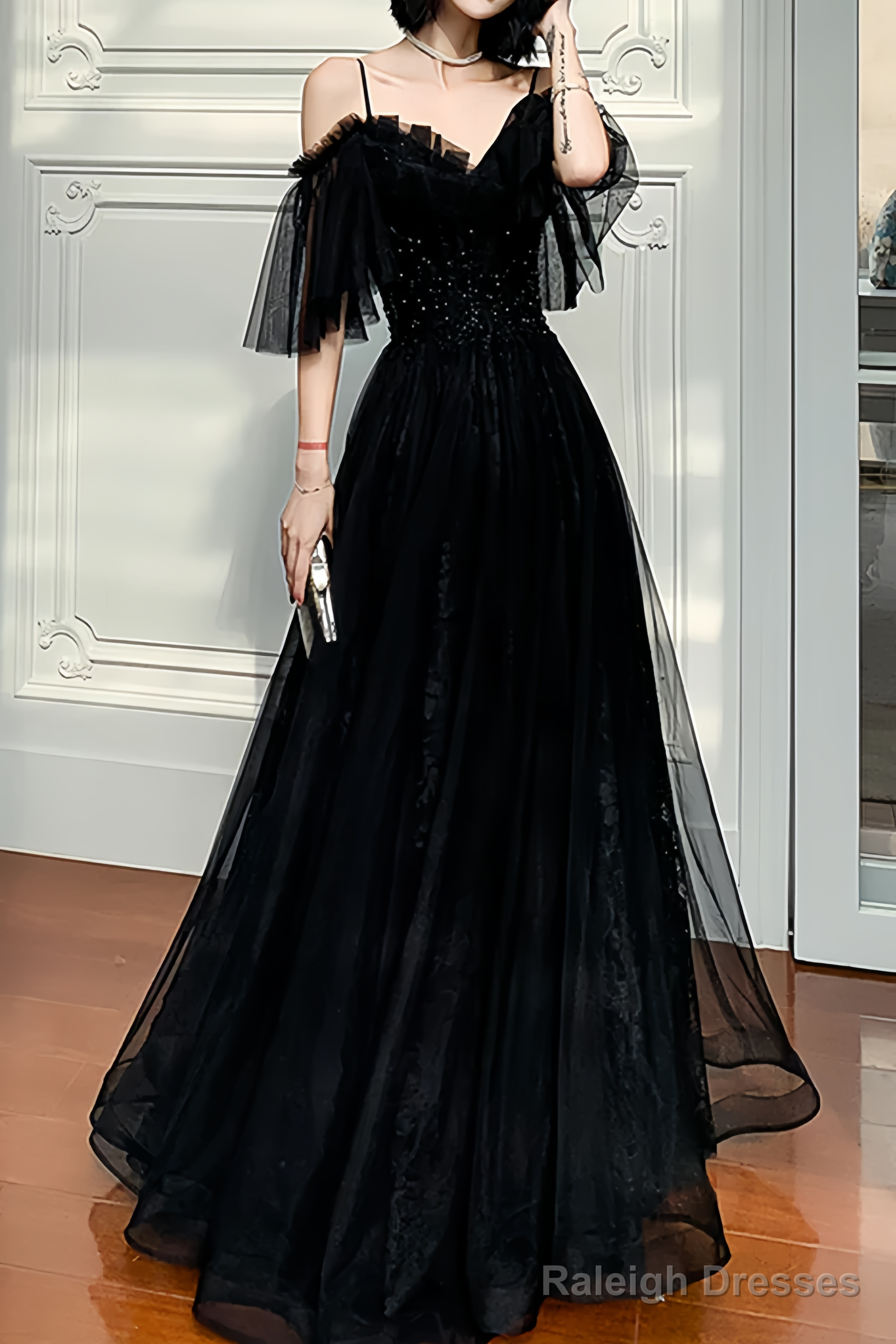 Beautiful Black Off the Shoulder Evening Dress Prom Dresses