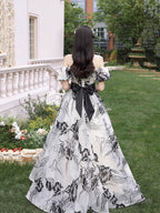 Beautiful Black Print A-Line Princess Dresses With Bow