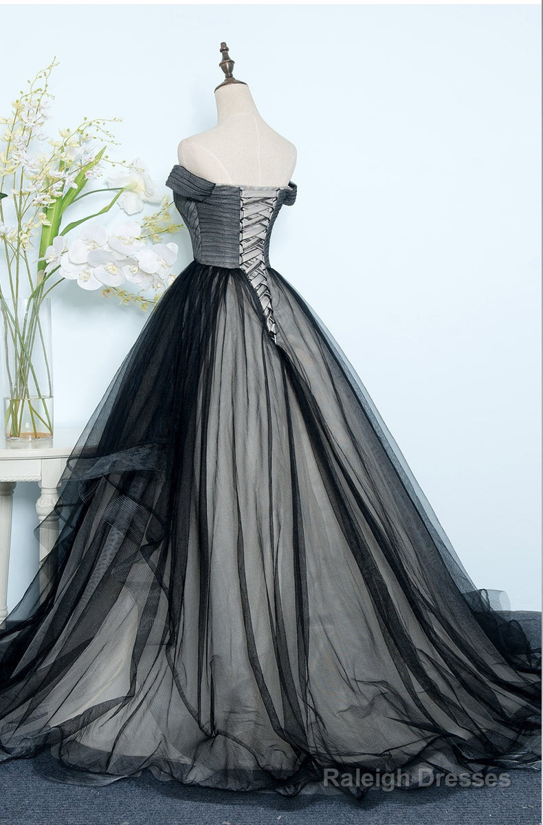 Beautiful Black Tulle Off Shoulder Floor Length Gown, Black Evening Dresses Secondary image