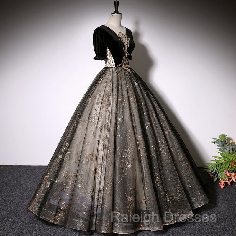 Beautiful Black Tulle Short Sleeves Long Prom Dress Black Short Sleeves Prom Dress shops