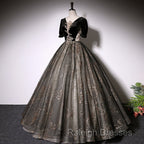 Beautiful Black Tulle Short Sleeves Long Party Dress Black Short Sleeves Prom Dress prom dresses shops