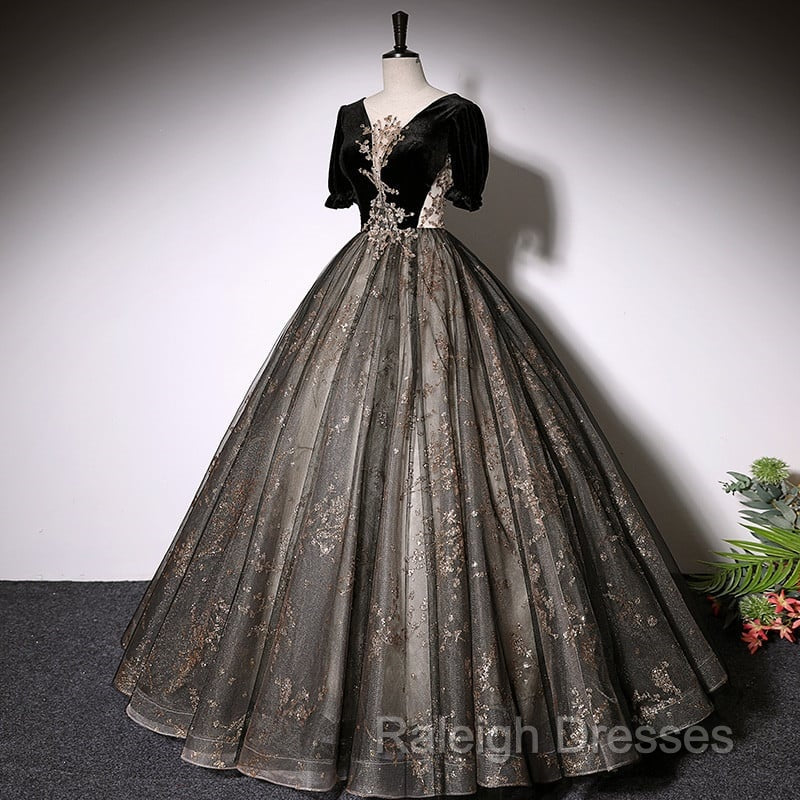 Beautiful Black Tulle Short Sleeves Long Prom Dress Black Short Sleeves Prom Dress shops