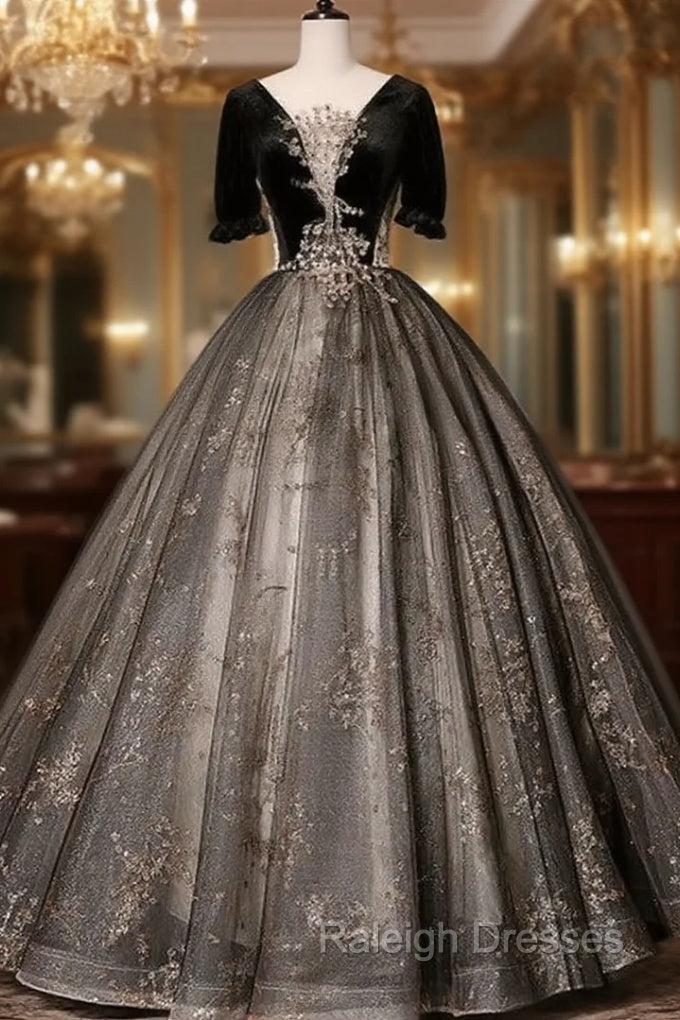 Beautiful Black Tulle Short Sleeves Long Prom Dress Black Short Sleeves Prom Dress shops Main image