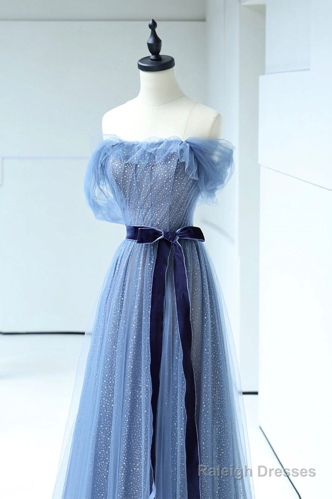 Beautiful Blue Floor Length Prom Dress, A-Line Strapless Tulle Evening Dress Secondary image