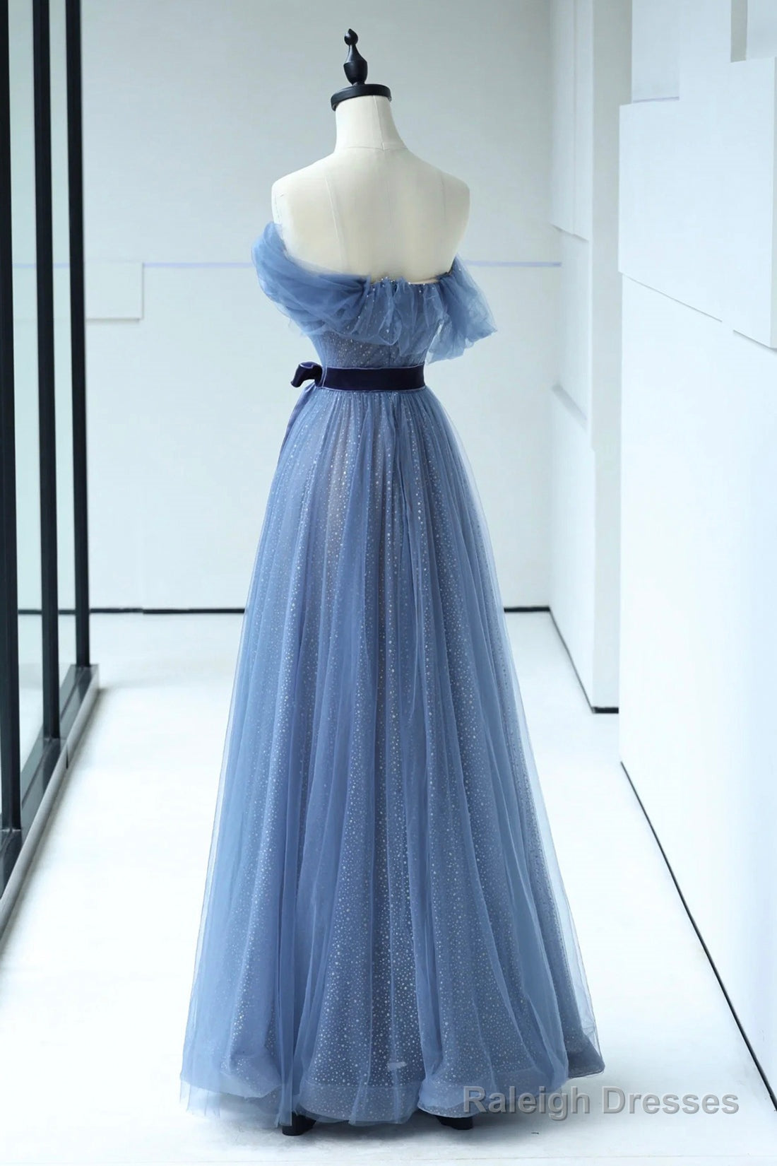 Beautiful Blue Floor Length Prom Dress, A-Line Strapless Tulle Evening Dress