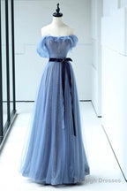 Beautiful Blue Floor Length Prom Dress, A-Line Strapless Tulle Evening Dress