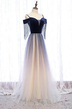 Beautiful Blue Gradient Tulle Long Prom Dress A-Line Off Shoulder Prom Dress