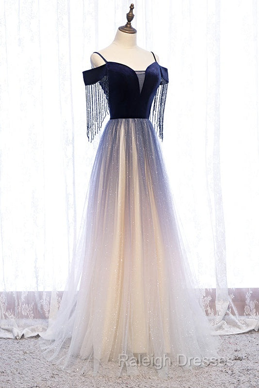 Beautiful Blue Gradient Tulle Long Prom Dress A-Line Off Shoulder Prom Dress