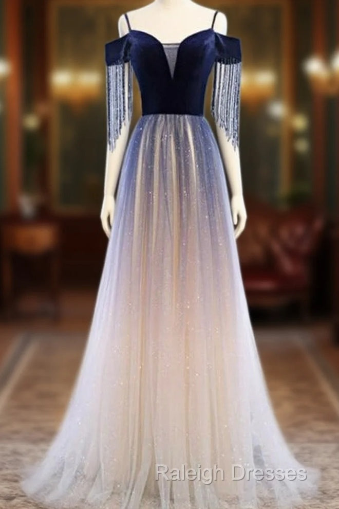 Beautiful Blue Gradient Tulle Long Prom Dress A-Line Off Shoulder Prom Dress