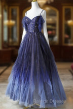 Beautiful Blue Gradient Tulle Long Prom Dress, Spaghetti Strap Evening Dress