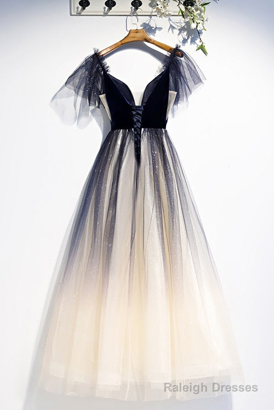 Beautiful Blue Gradient Tulle Short Sleeves Party Dresses, Blue Evening Dress Prom Dresses