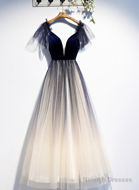 Beautiful Blue Gradient Tulle Short Sleeves Party Dresses, Blue Evening Dress Prom Dresses Main image