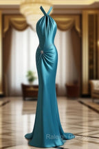Beautiful Blue Halter Mermaid Backless Prom Dresses Long Gorgeous Prom Dresses