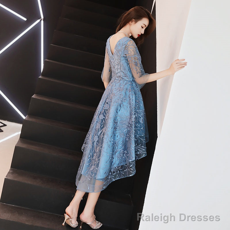 Beautiful Blue High Low Party Dress Homecoming Dress, Blue Lace Prom Dress