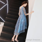 Beautiful Blue High Low Prom Dresses Homecoming Dresses Blue Lace Prom Dresses