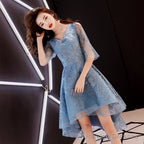Beautiful Blue High Low Party Dress Homecoming Dress, Blue Lace Prom Dress