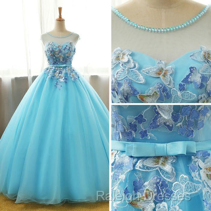 Beautiful Blue Round Long Prom Dresses Ball Gown Lace Applique Sweet 16 Dresses Secondary image