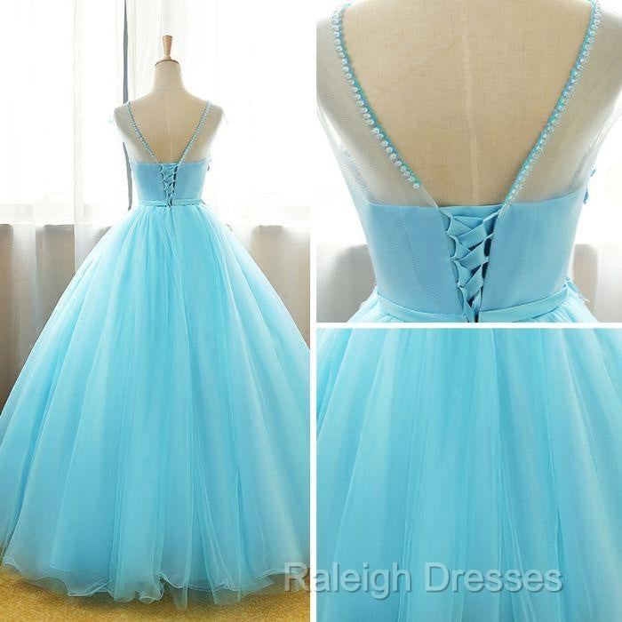 Beautiful Blue Round Long Prom Dresses Ball Gown Lace Applique Sweet 16 Dresses