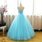 Beautiful Blue Round Long Prom Dresses Ball Gown Lace Applique Sweet 16 Dresses