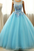 Beautiful Blue Round Long Prom Dresses Ball Gown Lace Applique Sweet 16 Dresses