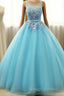 Beautiful Blue Round Long Prom Dresses Ball Gown Lace Applique Sweet 16 Dresses