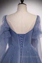 Beautiful Blue Sheer Beaded Long Party Dress, A-Shaped Long Sleeved Backless And Floor Length Evening Dress