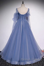 Beautiful Blue Sheer Beaded Long Party Dress, A-Shaped Long Sleeved Backless And Floor Length Evening Dress