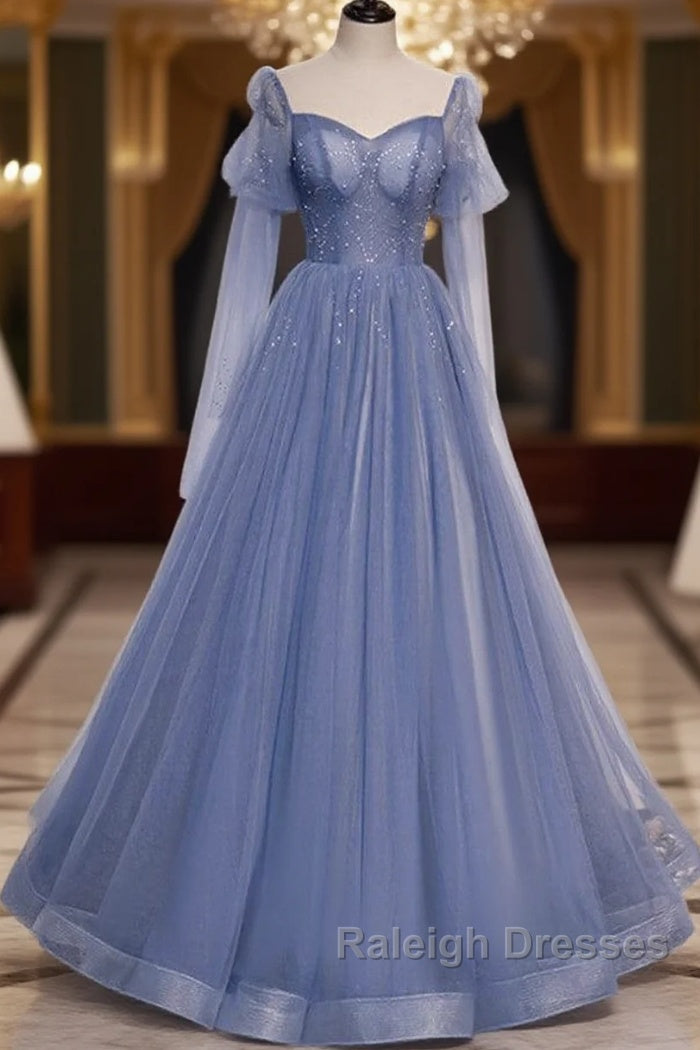 Beautiful Blue Sheer Beaded Long Party Dress, A-Shaped Long Sleeved Backless And Floor Length Evening Dress Main image