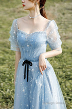 Beautiful Blue Short Sleeves A-Line Beaded Tulle Party Dress Prom Dresses, Blue Evening Dresses