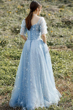 Beautiful Blue Short Sleeves A-Line Beaded Tulle Party Dress Prom Dresses, Blue Evening Dresses