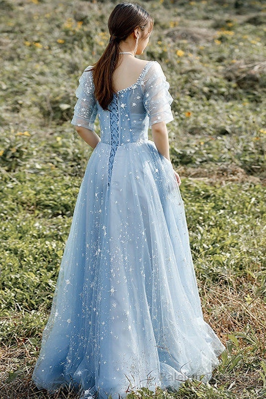 Beautiful Blue Short Sleeves A-Line Beaded Tulle Party Dress Prom Dresses, Blue Evening Dresses