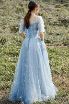 Beautiful Blue Short Sleeves A-Line Beaded Tulle Prom Dresses Blue Prom Dress