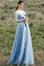 Beautiful Blue Short Sleeves A-Line Beaded Tulle Prom Dresses Blue Prom Dress