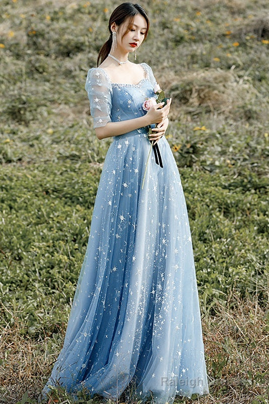 Beautiful Blue Short Sleeves A-Line Beaded Tulle Prom Dresses Blue Prom Dress