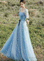 Beautiful Blue Short Sleeves A-Line Beaded Tulle Party Dress Prom Dresses, Blue Evening Dresses
