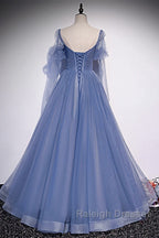 Beautiful Blue Tulle Beaded Long Formal Dress Party Dresses, A-Line Wedding Party Dresses