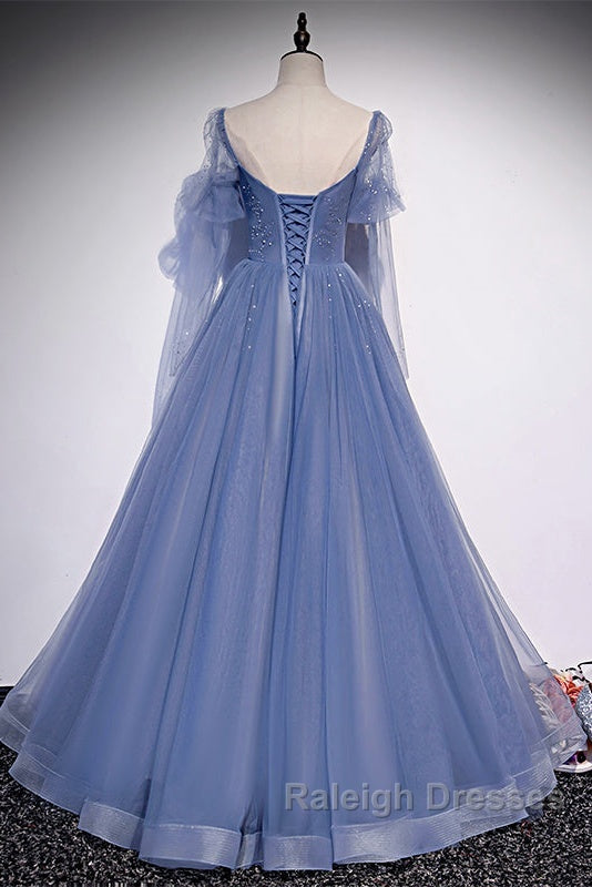 Beautiful Blue Tulle Beaded Long Formal Dress Party Dresses, A-Line Wedding Party Dresses