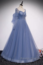 Beautiful Blue Tulle Beaded Long Formal Dress Party Dresses, A-Line Wedding Party Dresses