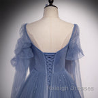 Beautiful Blue Tulle Beaded Long Formal Dress Party Dresses, A-Line Wedding Party Dresses