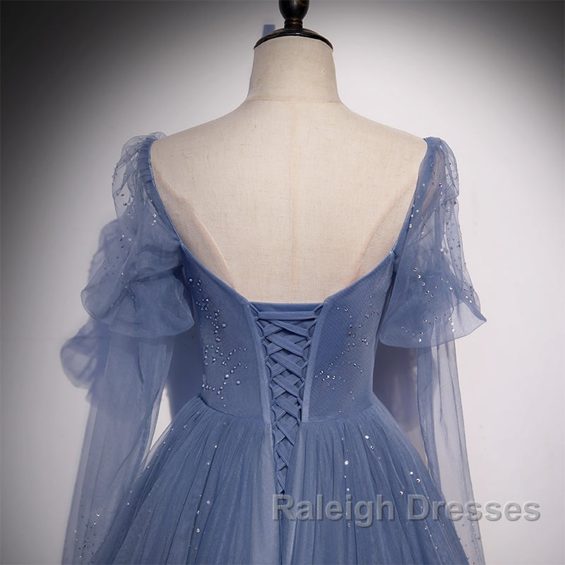 Beautiful Blue Tulle Beaded Long Formal Dress Party Dresses, A-Line Wedding Party Dresses