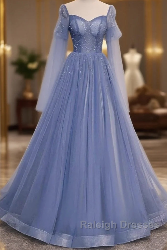 Beautiful Blue Tulle Beaded Long Formal Dress Party Dresses, A-Line Wedding Party Dresses