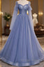Beautiful Blue Tulle Beaded Long Formal Dress Party Dresses, A-Line Wedding Party Dresses