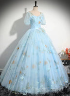 Beautiful Blue Tulle Short Sleeves Sweet 16 Dress With Bow, Blue Formal Gown