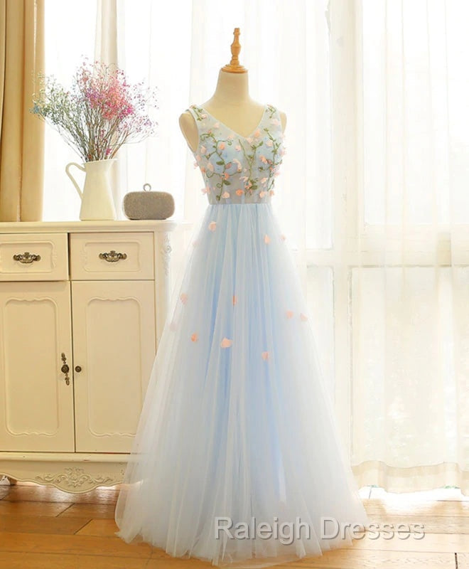 Beautiful Blue V-Neckline Floral Lace Tulle Prom Dresses A-Line Blue Prom Dresses Secondary image