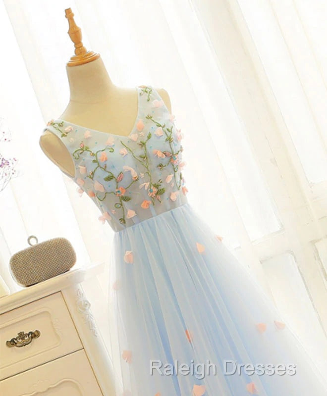 Beautiful Blue V-Neckline Floral Lace Tulle Party Dress, A-Line Blue Evening Dress Prom Dresses
