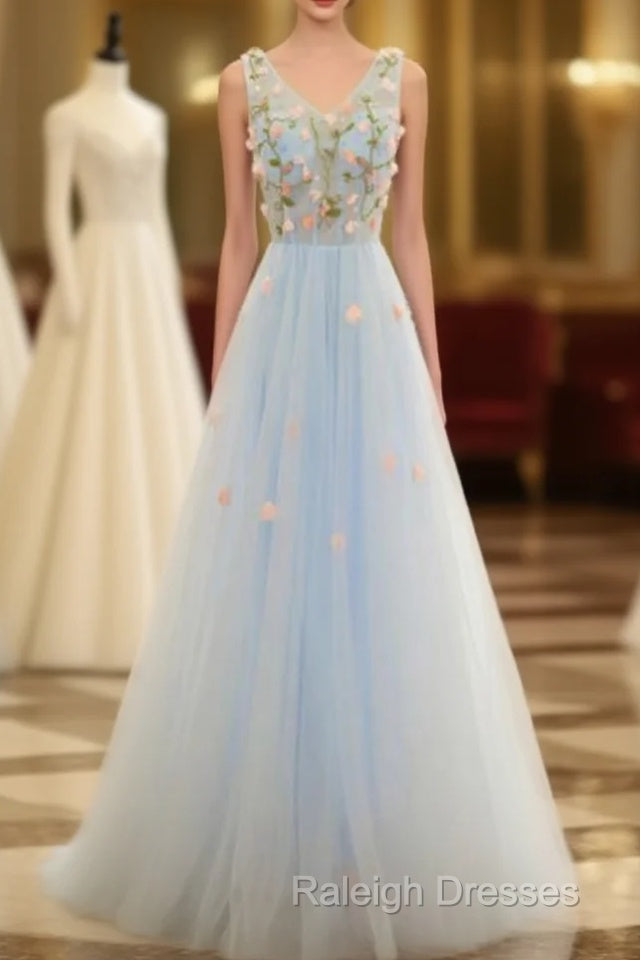 Beautiful Blue V-Neckline Floral Lace Tulle Prom Dresses A-Line Blue Prom Dresses