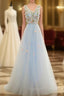 Beautiful Blue V-Neckline Floral Lace Tulle Prom Dresses A-Line Blue Prom Dresses