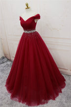 Beautiful Burgundy Long Tulle Off Shoulder Prom Dress , Junior Prom Dresses