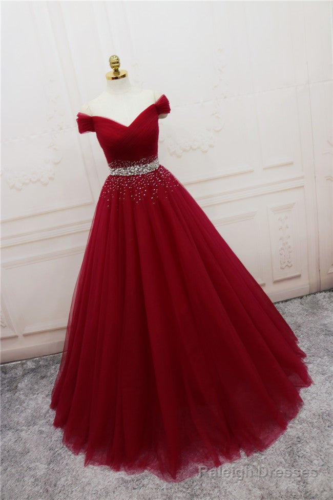 Beautiful Burgundy Long Tulle Off Shoulder Prom Dress , Junior Prom Dresses