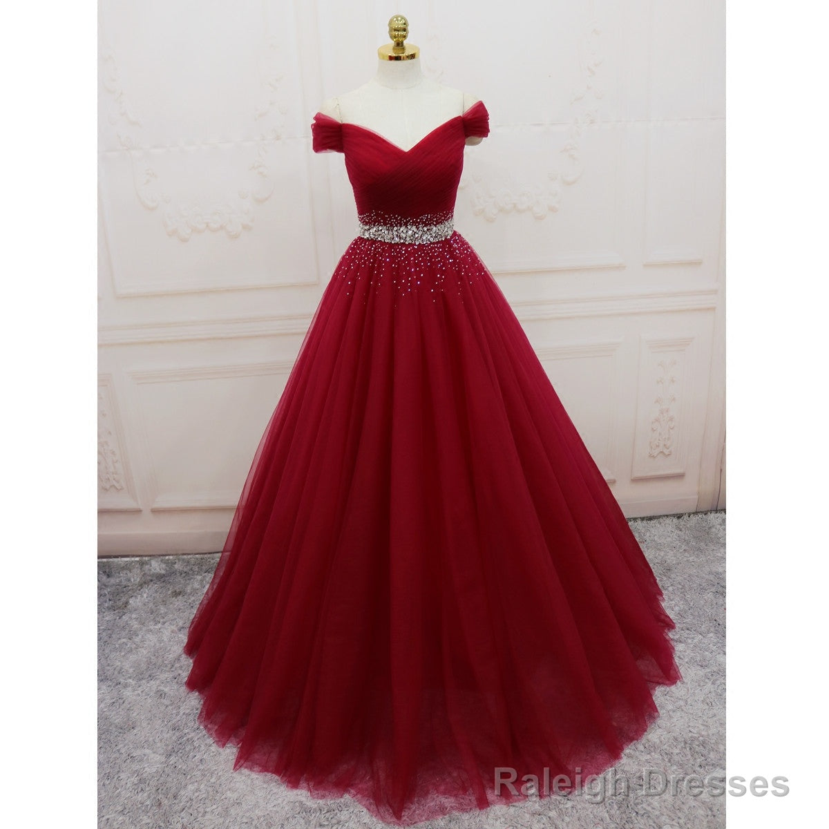 Beautiful Burgundy Long Tulle Off Shoulder Prom Dress , Junior Prom Dresses